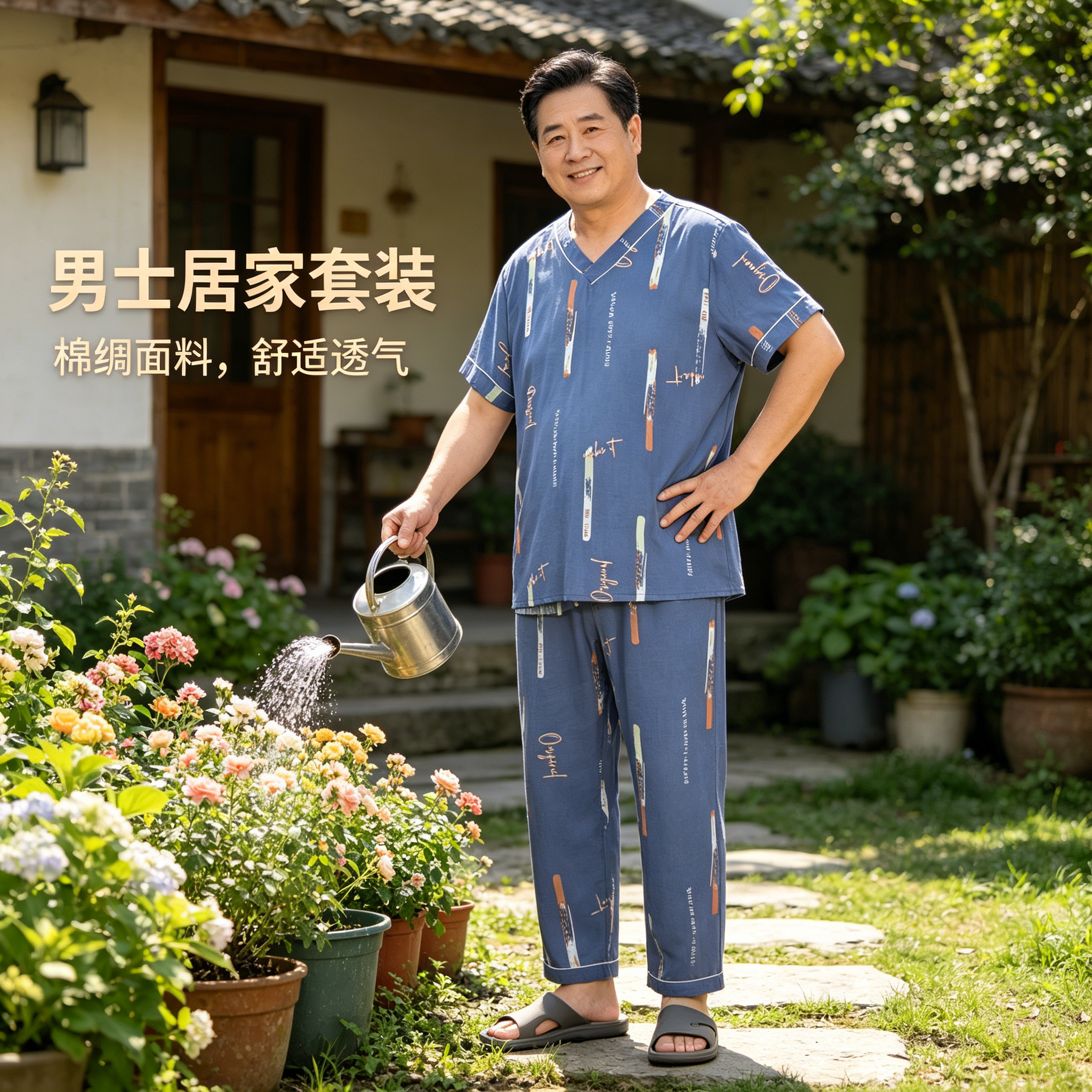 男士v领绵绸睡衣夏薄款短袖长裤青年棉绸大码宽松家居服套头