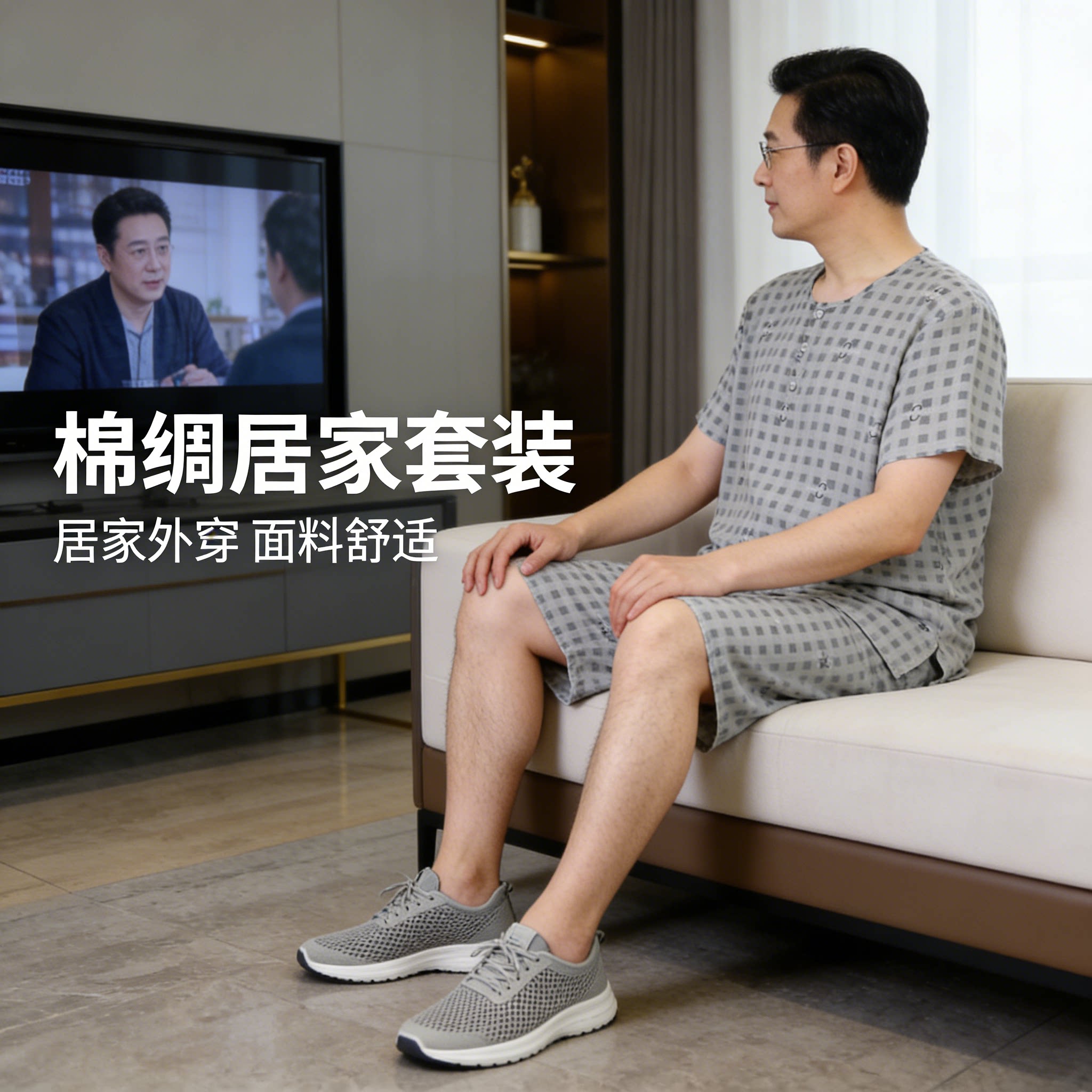 男睡衣短袖中裤套中老年夏季家居绵绸套加肥加大人造棉棉绸套包邮