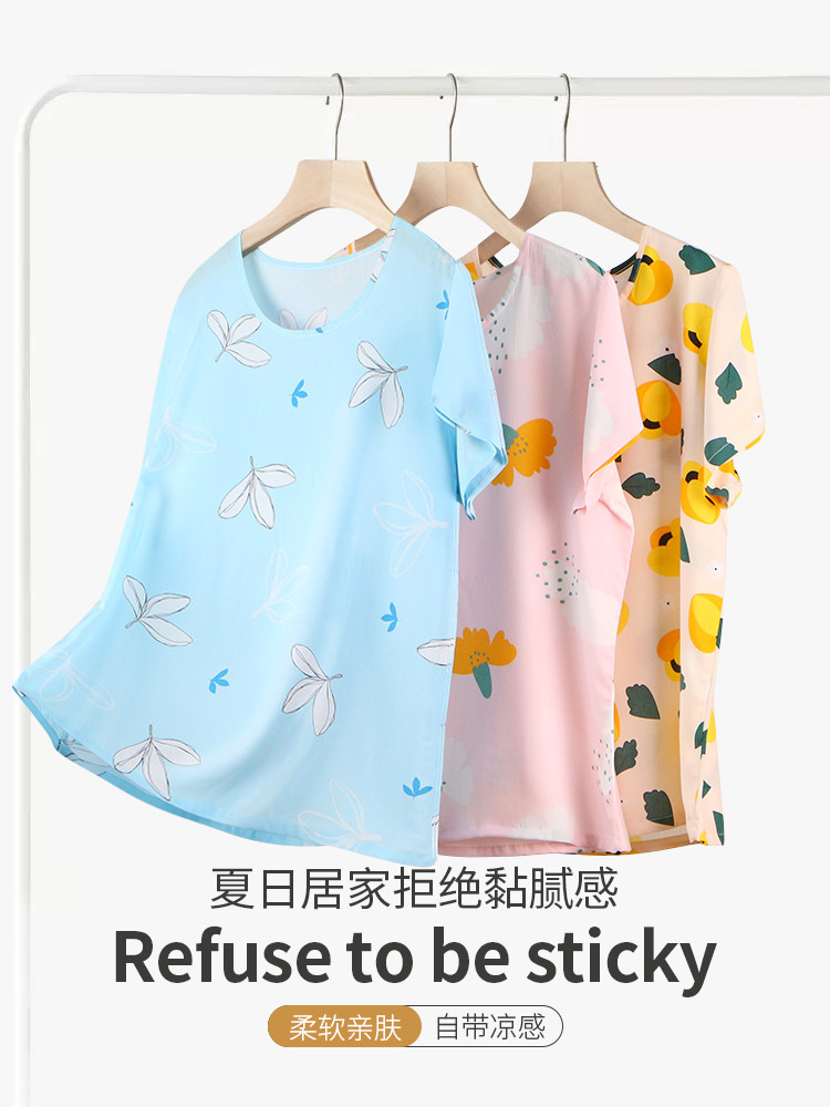 여름 여성 면 실크 얇은 캐주얼 라운드 넥 잠옷 가정 및 실외 착용 인공 면화 느슨한 반팔 탑 에어컨 의류