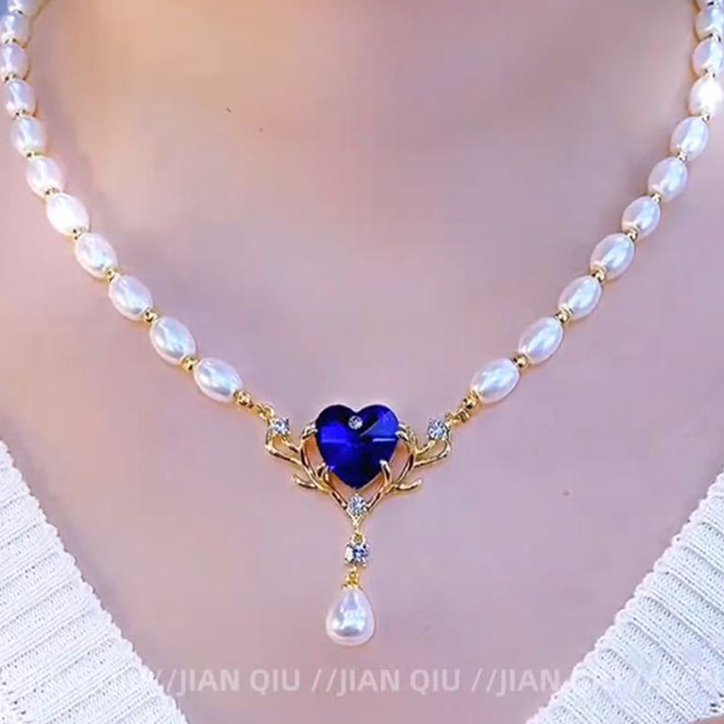 蓝色爱心轻奢贝壳珍珠锁骨链新款女神范百搭项链高级感独特颈链子
