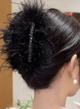 复古黑色羽毛港风镶钻麦穗气质抓夹新款后脑勺秋冬鲨鱼夹发夹发饰