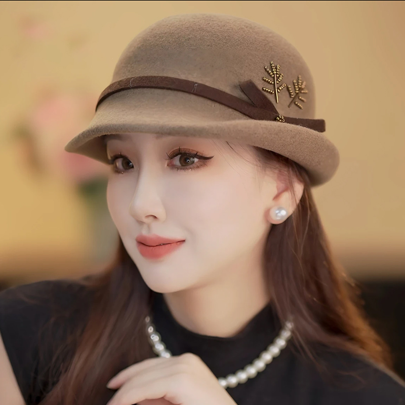 时尚纯羊毛呢复古港风时尚盆帽新款秋冬卷边优雅贝雷帽港风女帽子