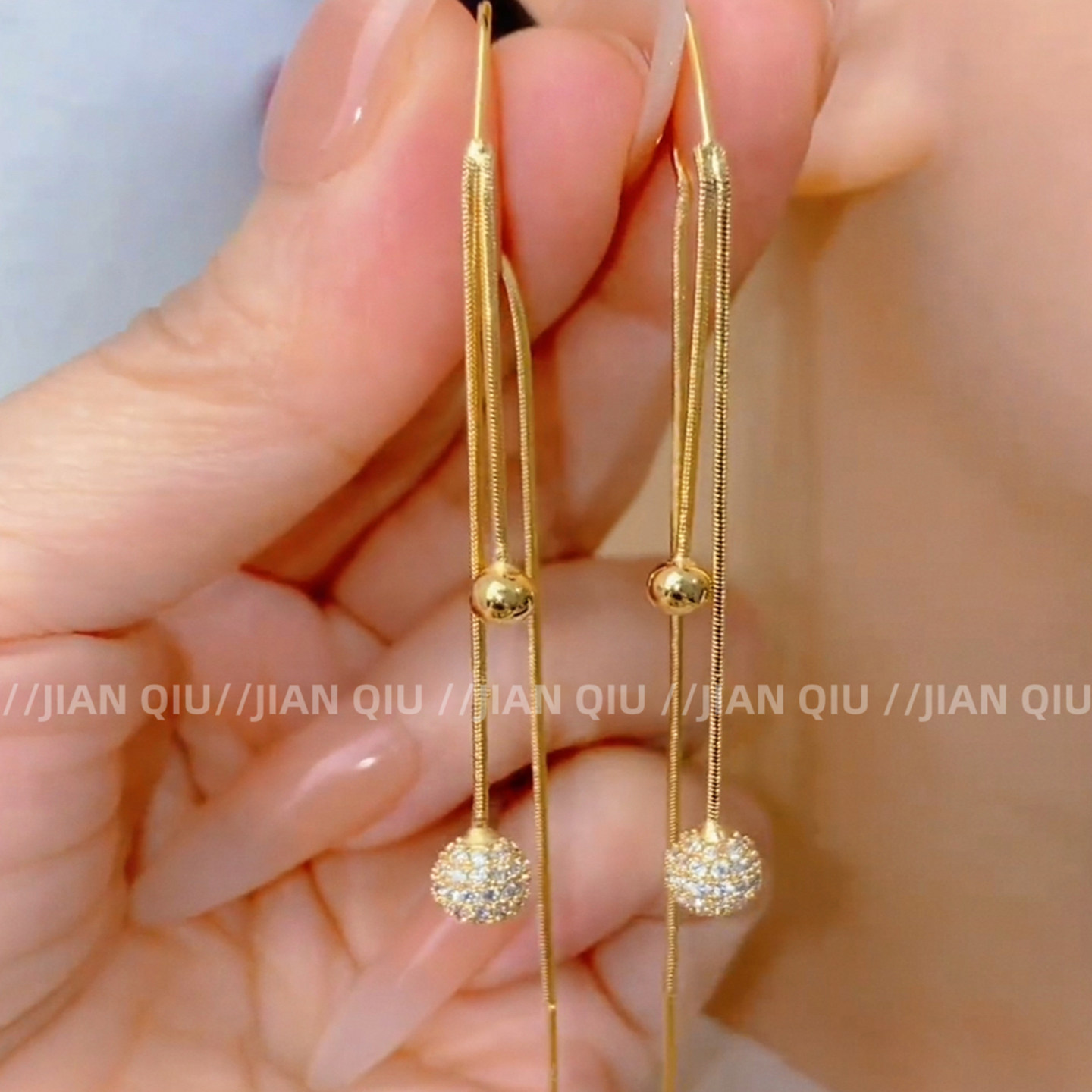 金色锆石精致圆球长款流苏耳线新款显脸瘦高级感耳环轻奢百搭耳饰