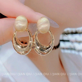 时尚 港风金色椭圆磨砂复古耳钉新款 S925纯银针高级感百搭耳环耳饰