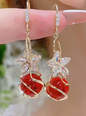 时尚气质红色花朵女王风猫眼石耳环S925纯银针高级感耳钩瑞丽耳饰