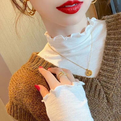 长袖韩版薄款木耳边螺纹女