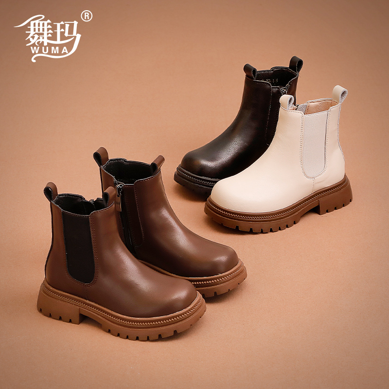 234222舞玛女童马丁靴真皮短靴2025新款秋冬季切尔西加绒二棉鞋
