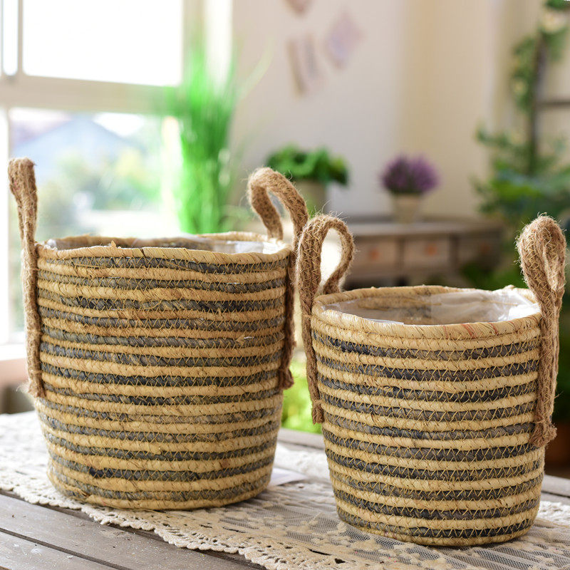 简约家用绿植盆虎皮兰花篮盆栽盆器花园装饰北欧藤编花盆创意个性