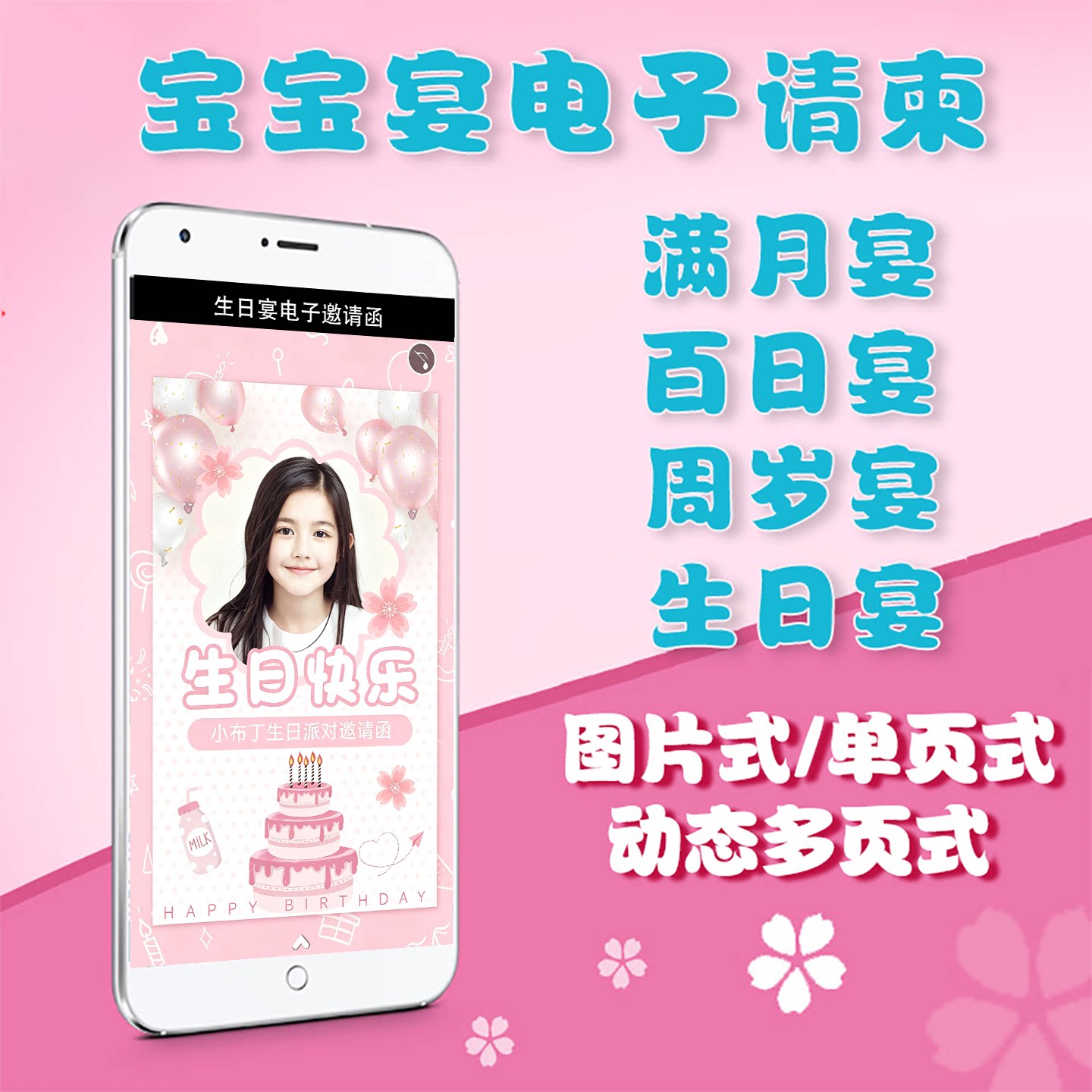 宝宝满月百日宴电子请柬儿童周岁微信请帖生日派对手机邀请函制作