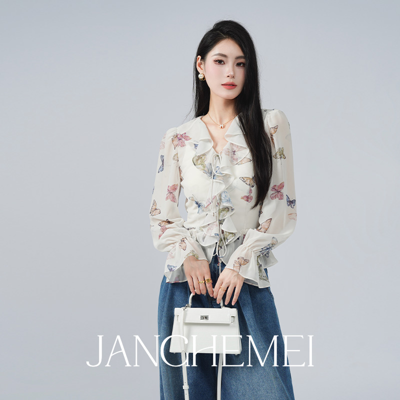 JANGHEMEI【碎花V领衬衫】喇叭袖系带设计感衬衣春夏季别致上衣女