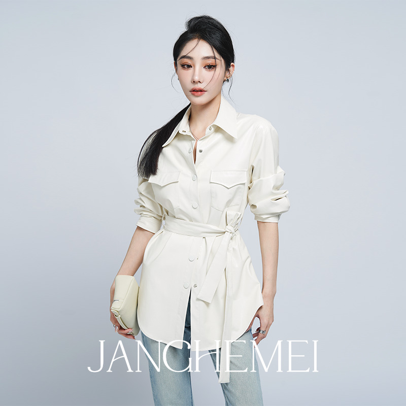 JANGHEMEI【收腰系带皮衣】春秋新款翻领长袖撞色内衬外套上衣女