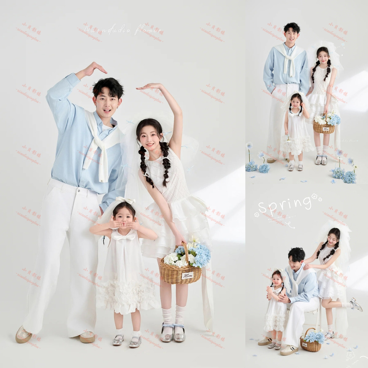儿童摄影服装亲子装拍照衣服一家三口全家福套装蓝色小清新写真照