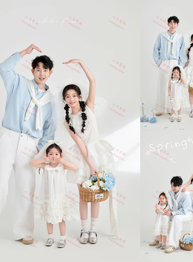 儿童摄影服装亲子装拍照衣服一家三口全家福套装蓝色小清新写真照