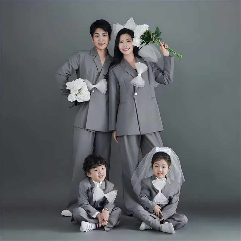 影楼亲子拍照主题服装时尚走秀高级灰西装宽松休闲全家福西服套装
