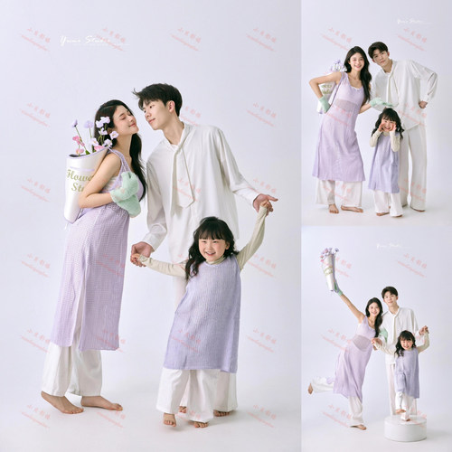 紫色一家三口亲子拍照母女艺术照