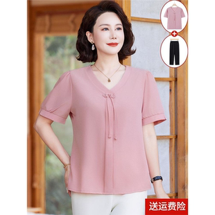 中老年夏季 媽媽夏裝 t恤女2025新款 小衫 兩件套裝 薄款 雪紡短袖 時尚