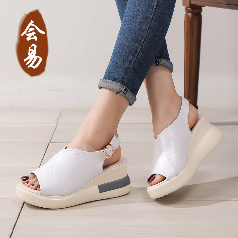 真皮松糕露趾坡跟凉鞋女2024夏季新款厚底女鞋软皮高跟一字带凉鞋,女鞋,时装凉鞋,淘宝优惠券,粉丝福利购,淘宝优惠卷
