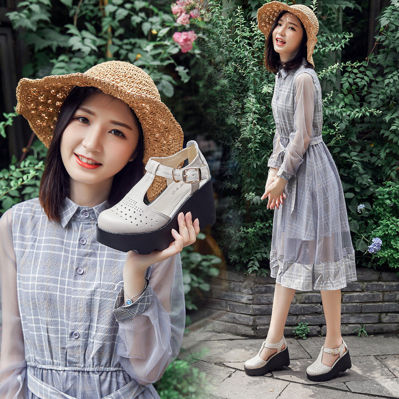会易2025夏季新款镂空真皮厚底凉鞋女中空透气包头高跟女皮鞋