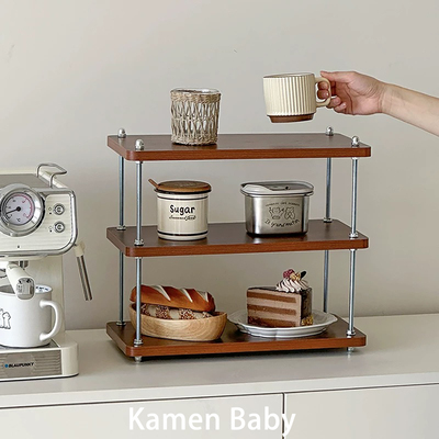 中古风实木桌面多层杯架收纳