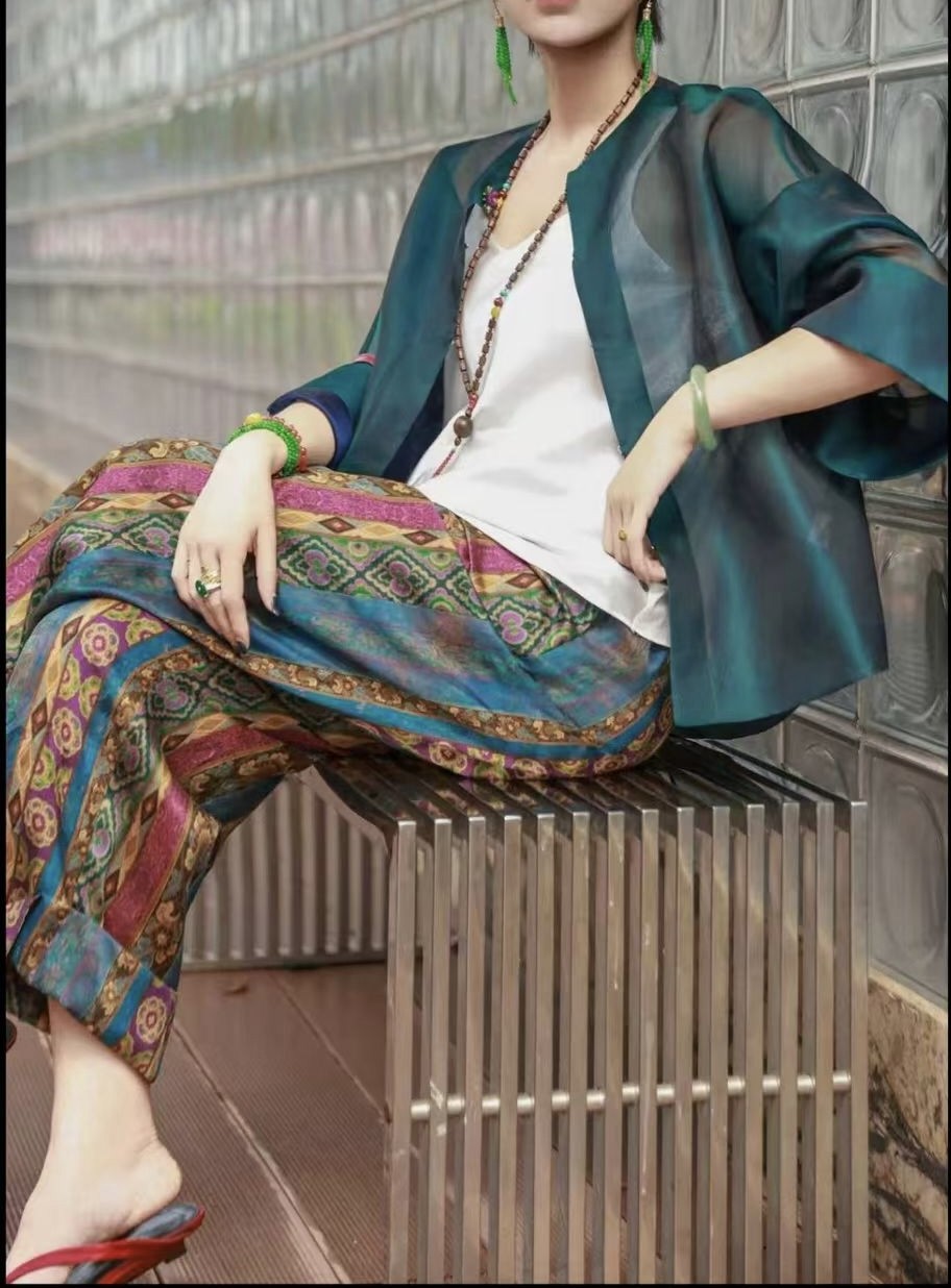新中式真丝防晒开衫女薄款透视桑蚕丝外搭宽松国风双面双穿罩衫