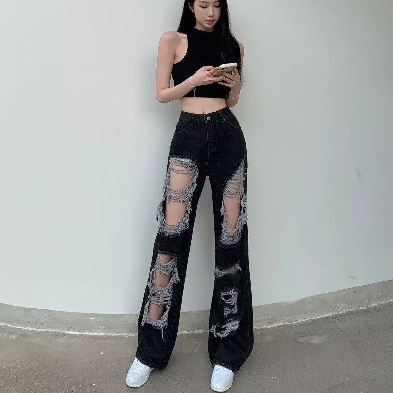 港风乞丐破洞牛仔裤女夏季直筒阔牛仔裤