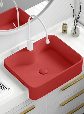 半嵌入式陶瓷台上盆窄小红色洗漱盆小户型洗脸盆酒店名宿半挂式盆