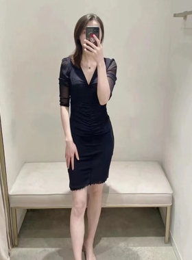 DVF23黑色性感V领贴身弹力网纱修身显瘦减龄小个子短款连衣裙ELEN
