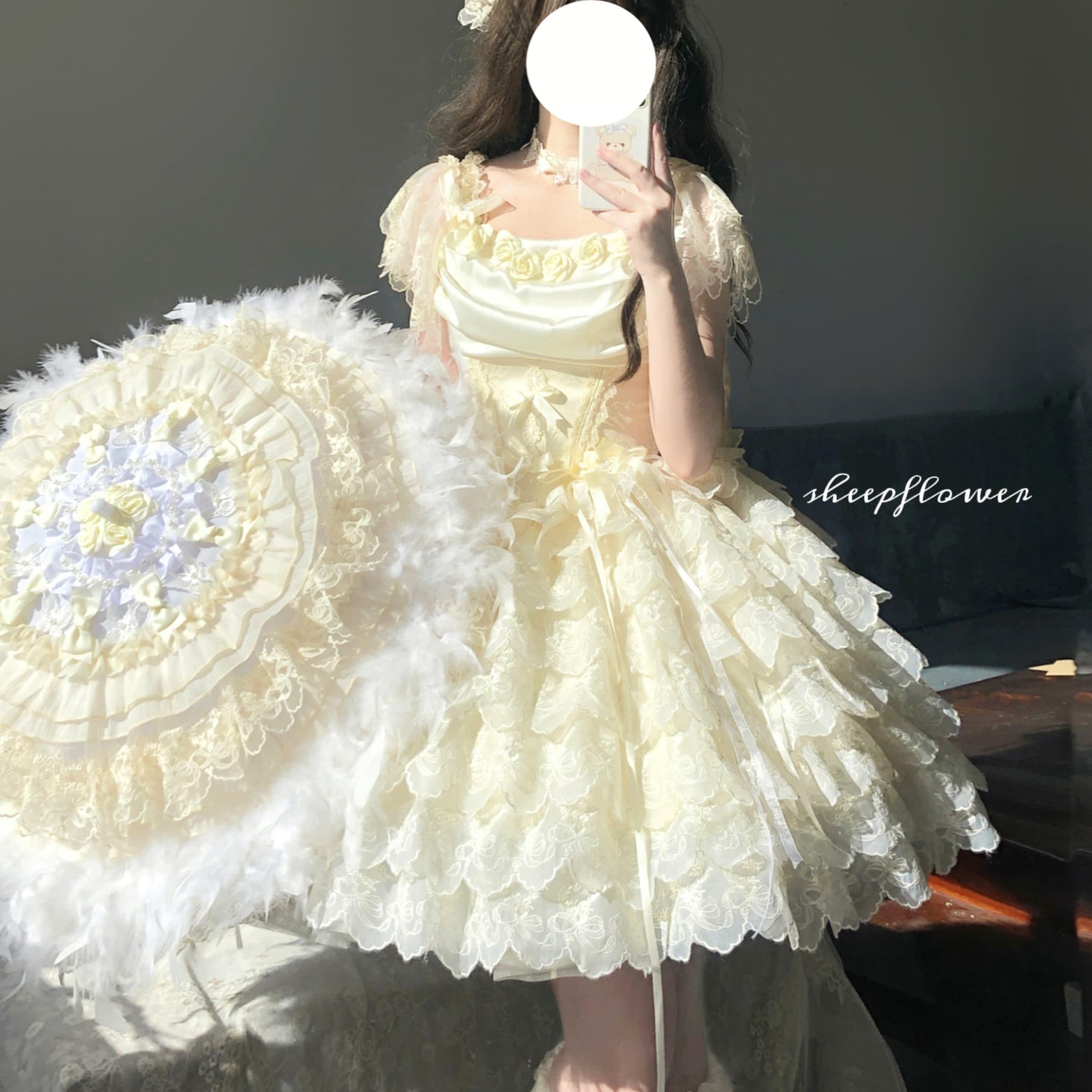 【蝶觅山茶】栖梦Lolita 原创lo道具长柄蝴蝶结刺绣花边羽毛伞