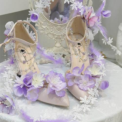 栖梦原创lolita高跟鞋落雨紫藤暮春庭配鞋尖头超仙优雅lo鞋婚鞋