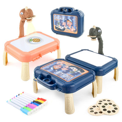 跨境外销 儿童益智恐龙灯光投影仪绘画桌 恐龙造型手提箱科教玩具