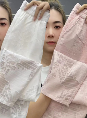 夏季民国风哈伦裤女松紧腰白色蕾丝缎面提花复古萝卜裤小脚九分裤