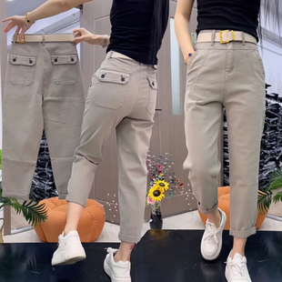 女士高腰弹力显瘦洋气百搭直筒小脚老爹裤 韩版 裤 牛仔休闲工装 爆款