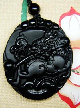 天然黑曜石麒麟项链吊坠