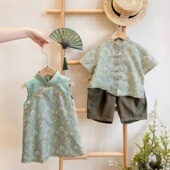 汉服花纹新中式 盘扣套装 短袖 云上青歌女童古装 衫 古风男女装 姐弟装