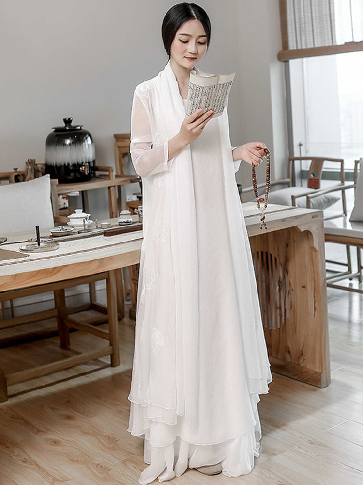 HANFU 여성의 여름 우아한 고대 스타일 가디건 차 선 의류 선녀 정신 선 스타일 및 중국 요소 중국 스타일 실크 드레스