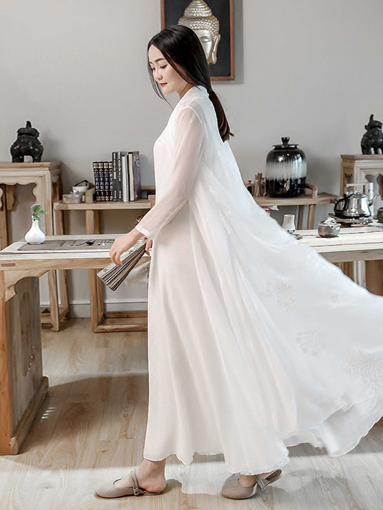 HANFU 여성의 여름 우아한 고대 스타일 가디건 차 선 의류 선녀 정신 선 스타일 및 중국 요소 중국 스타일 실크 드레스