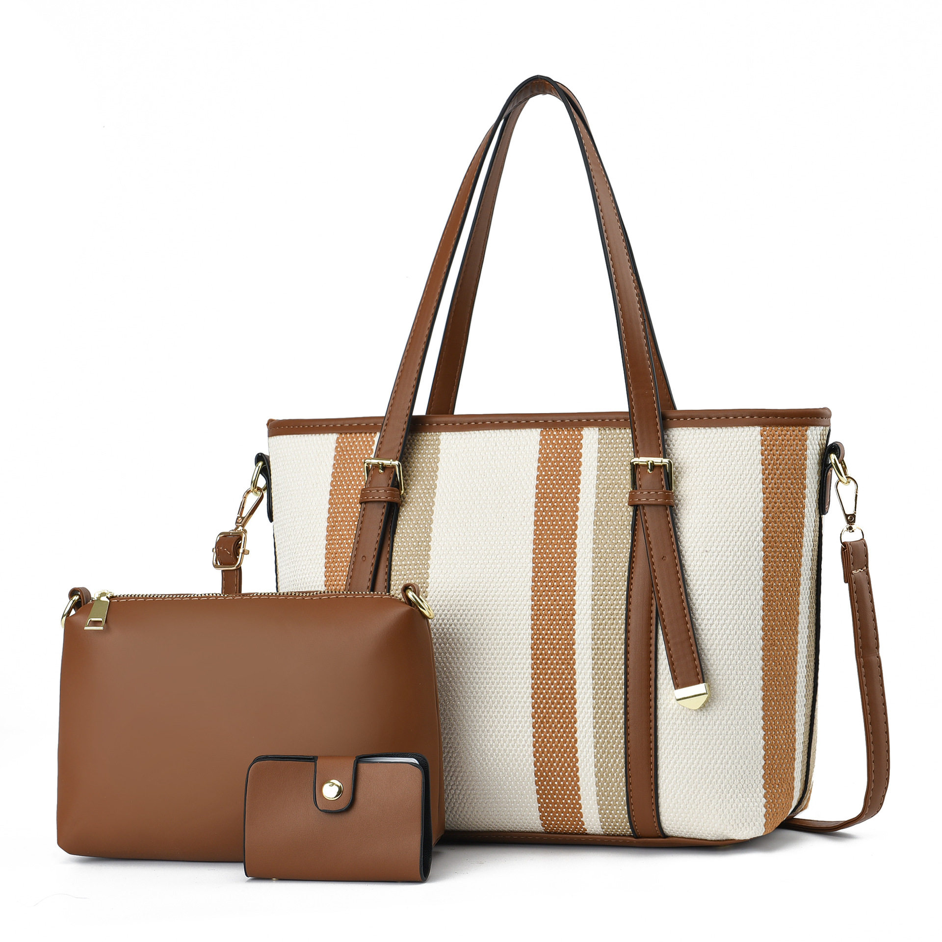 条纹大包包女百搭大容量通勤三件套手提包托特包简约大气女单肩包