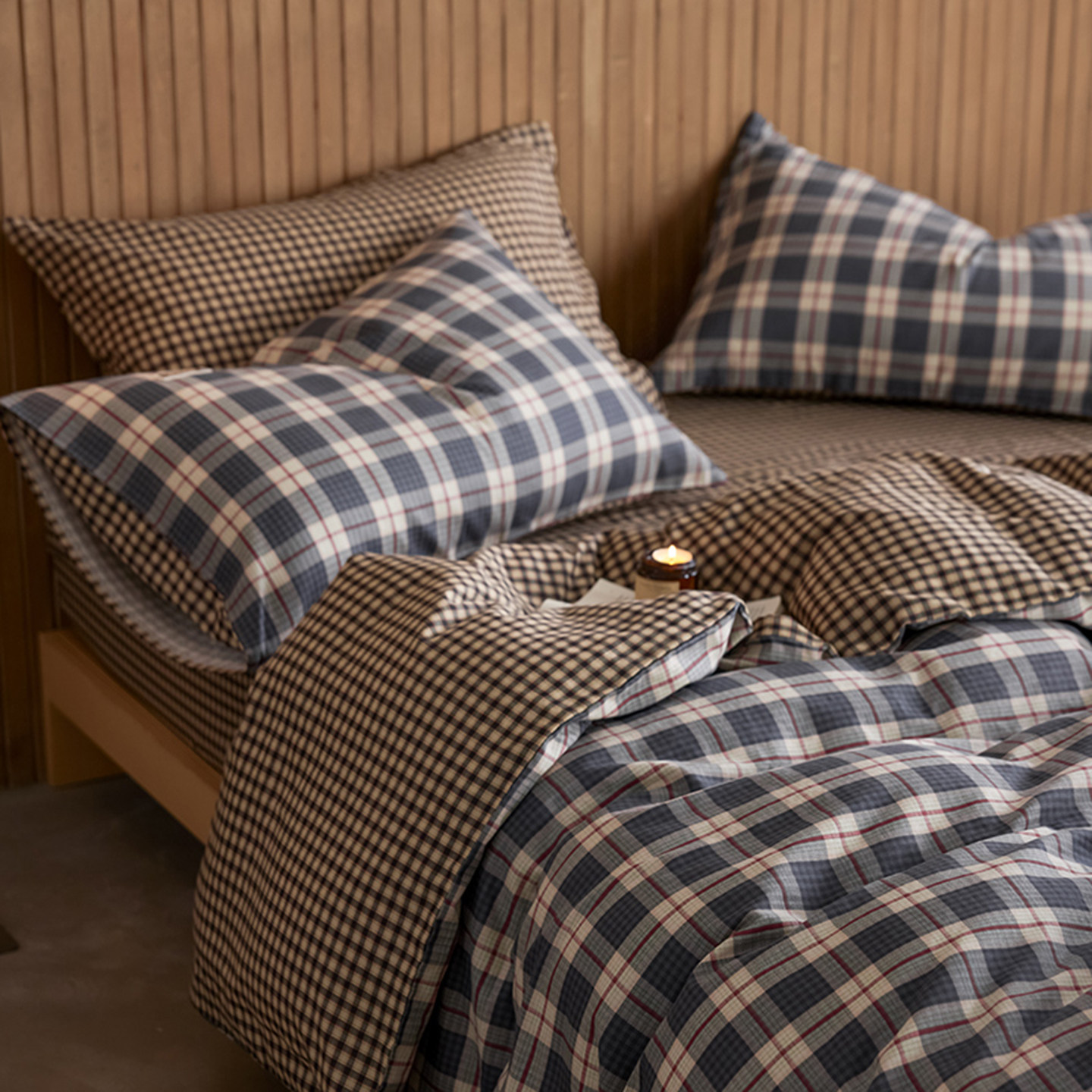 双层纱四件套纯色双人格子棉被套