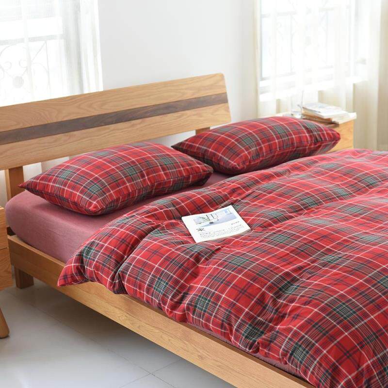 无印全棉水洗棉法兰绒四件套 简约良品格子被套纯棉纯色床单床笠