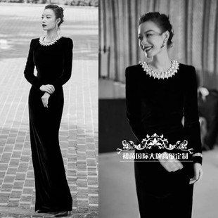 高端定制倪妮同款黑色丝绒晚礼服女修身显瘦年会宴会连衣裙长裙春