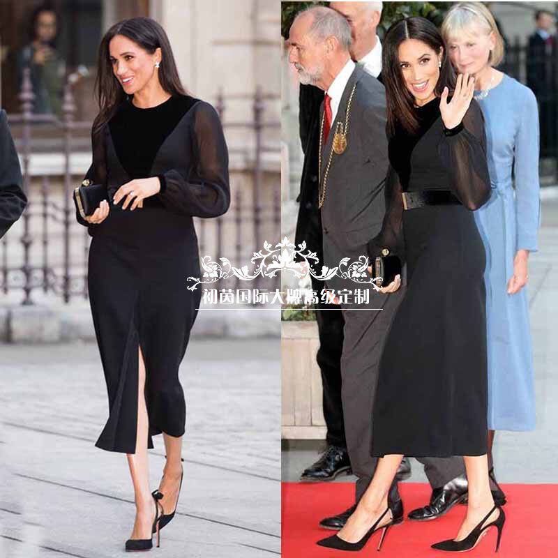 高级定制欧美梅根王妃同款黑色长袖真丝拼接丝绒连衣裙女中长款夏