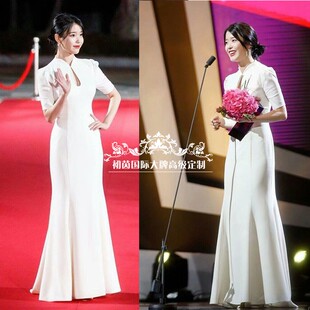 鱼尾连衣裙礼服 立领修身 高端定制欧美大牌林允儿李智恩同款 五分袖