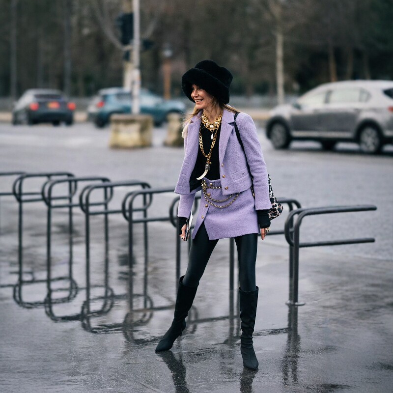 高级定制时装周街拍同款浅紫色粗花呢羊毛小香风套装裙时尚优雅春