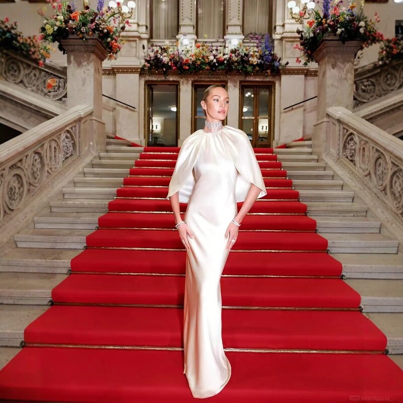 高级定制欧美明星同款白色斗篷真丝礼服裙女长款优雅白天鹅连衣裙