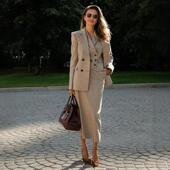 三件套裙修身 高端定制2025春秋卡其色西装 套装 气质通勤羊毛西服OL