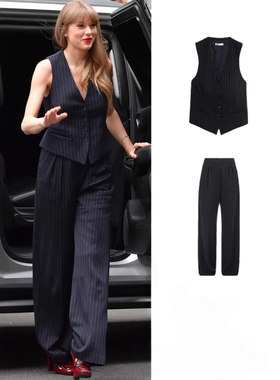霉霉同款藏蓝色精细薄羊毛竖条纹马甲阔腿裤套装法式气质日常通勤