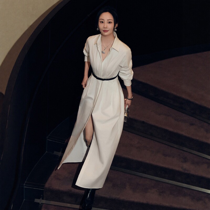 高级私人定制李纯同款白色纯棉衬衫连衣裙chic气质开叉长袖长款秋