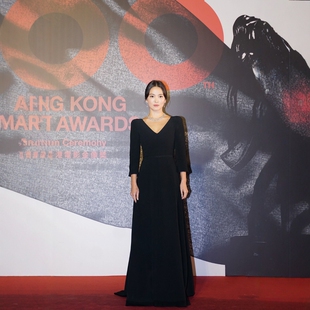 V领收腰长礼服宴会年会 黑色礼服OL风复古长袖 宋慧乔同款 春秋新款