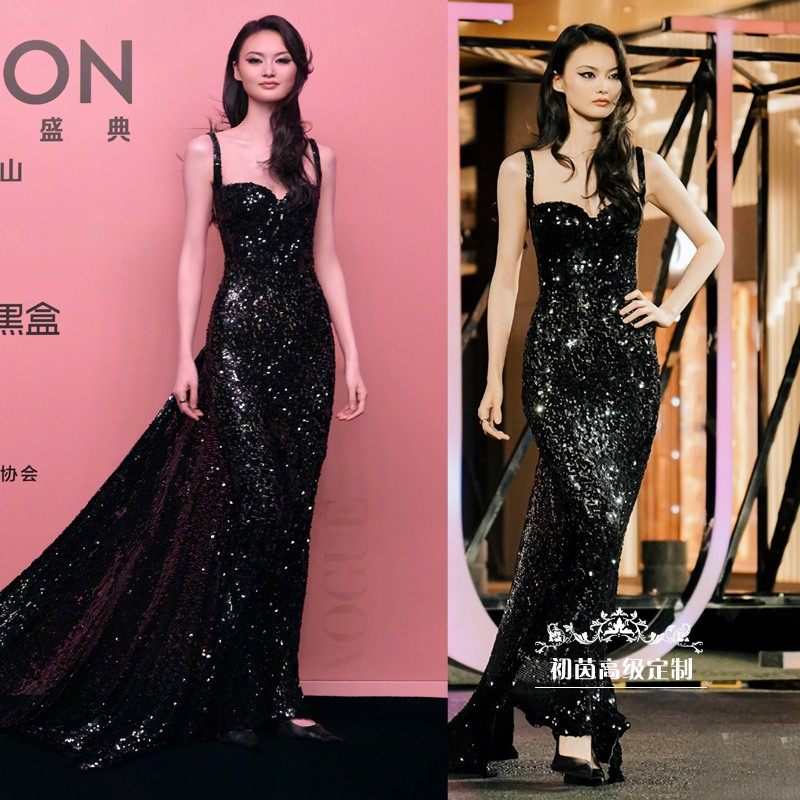 高级定制明星同款黑色吊带亮片礼服裙女长款拖尾修身性感时尚优雅