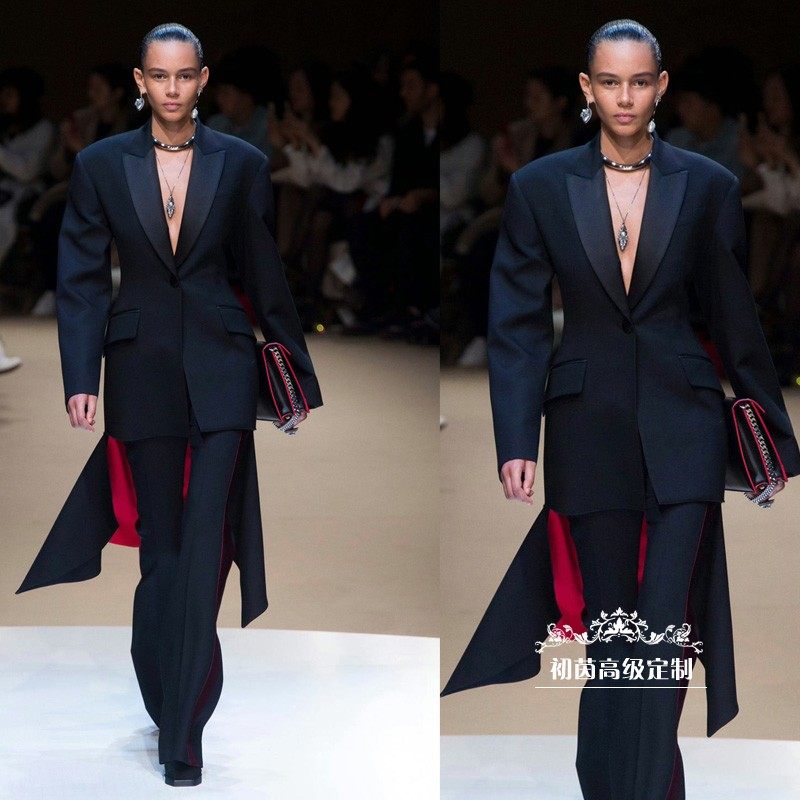 高级定制奢华大气黑色不规则羊毛西装外套裤子大牌套装裤秋冬礼服